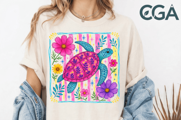 Cute Sea Turtle Floral Retro Preppy Png: Coastal Charm