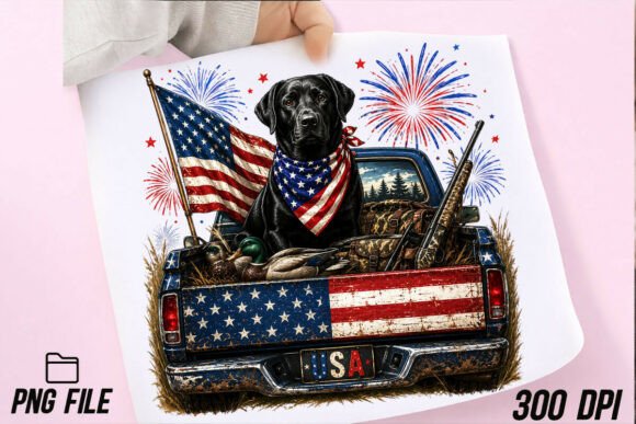 Patriotic Hunting Dog Truck PNG: A Design Asset with Rugged Appeal